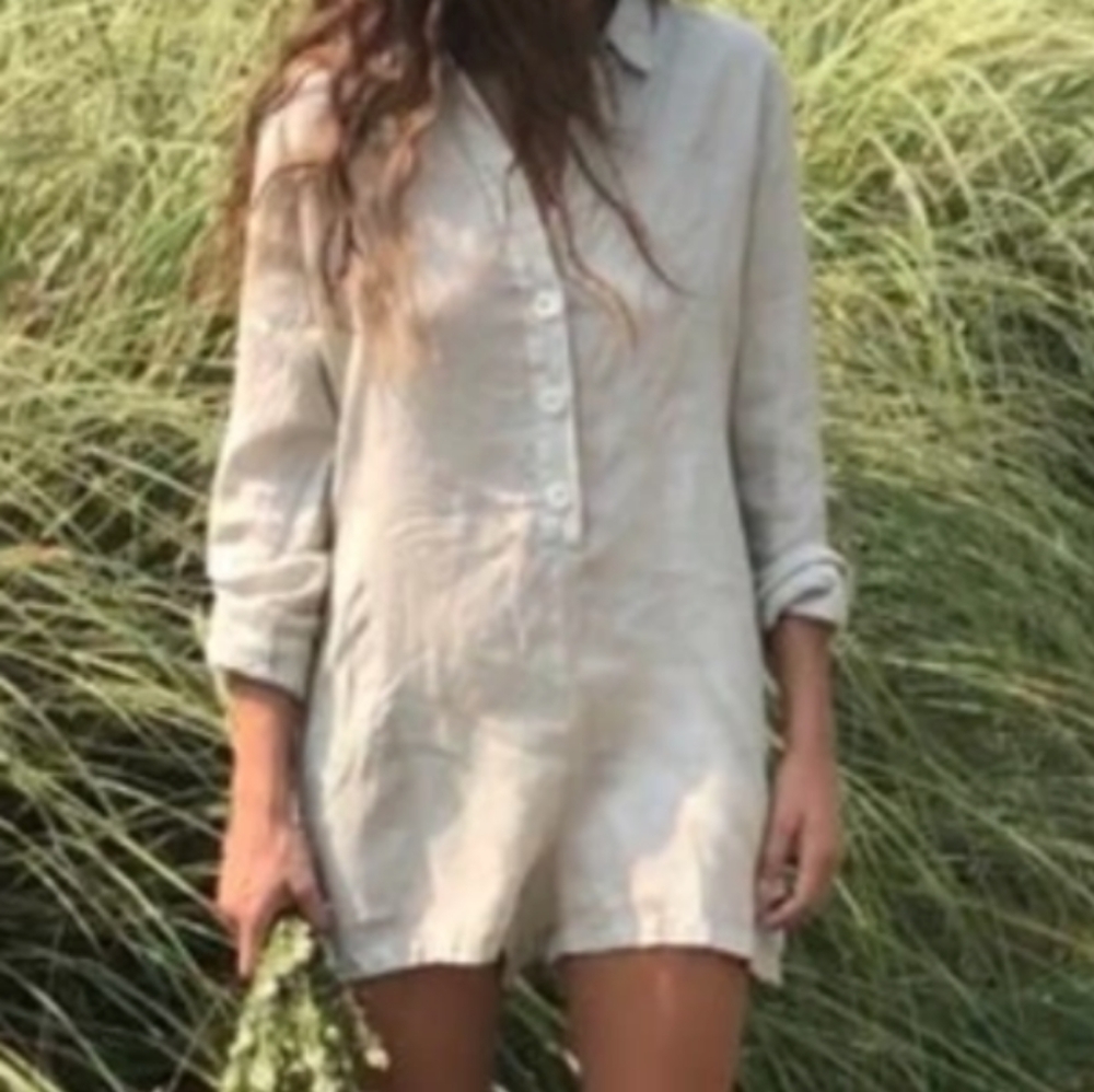 Sam & Lavi Linen Romper Beige Natural Onsie Shorts Quiet Luxury Size L